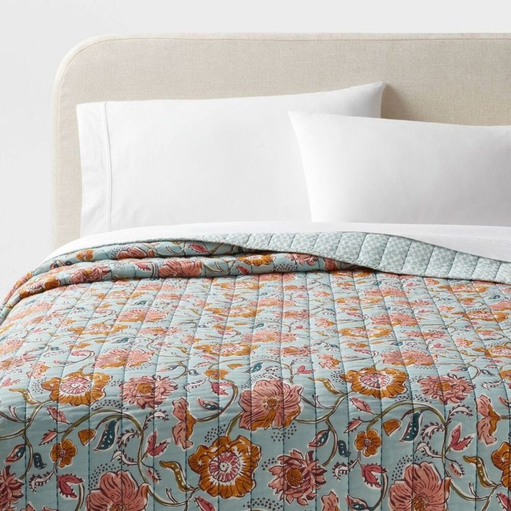 Full/Queen Earthy Vines Cotton Voile Quilt Teal Blue/Mustard/Pink